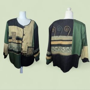 Vtg Artistic Patchwork Green and Black Button-Up Boxy Unique Indie Jacket Sz 1X